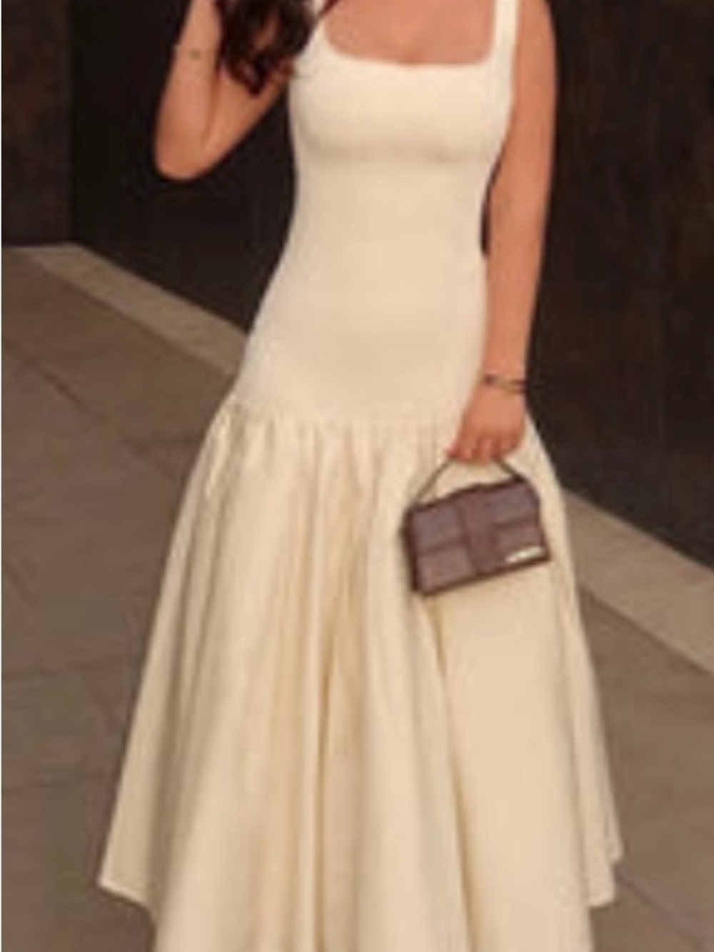 Club L London Cream Poplin Drop-Waist Midi Dress with Peplum Hem
